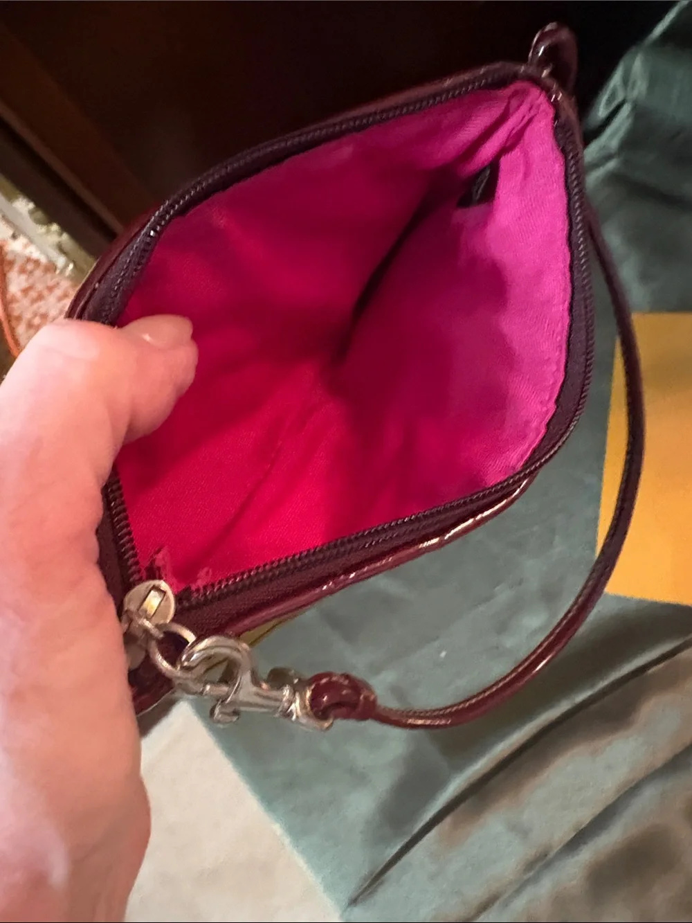 Coach Pink Multi Patchwork Wristlet with Green Accent